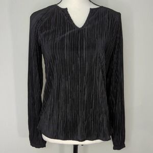 Ann Taylor Womens Pleated Top Long Sleeve Notch Neck Pullover Polyester Black S
